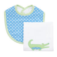 Cotton bib for baby with blue dot and green gingham check and burp with alligator applique, 3 Marthas