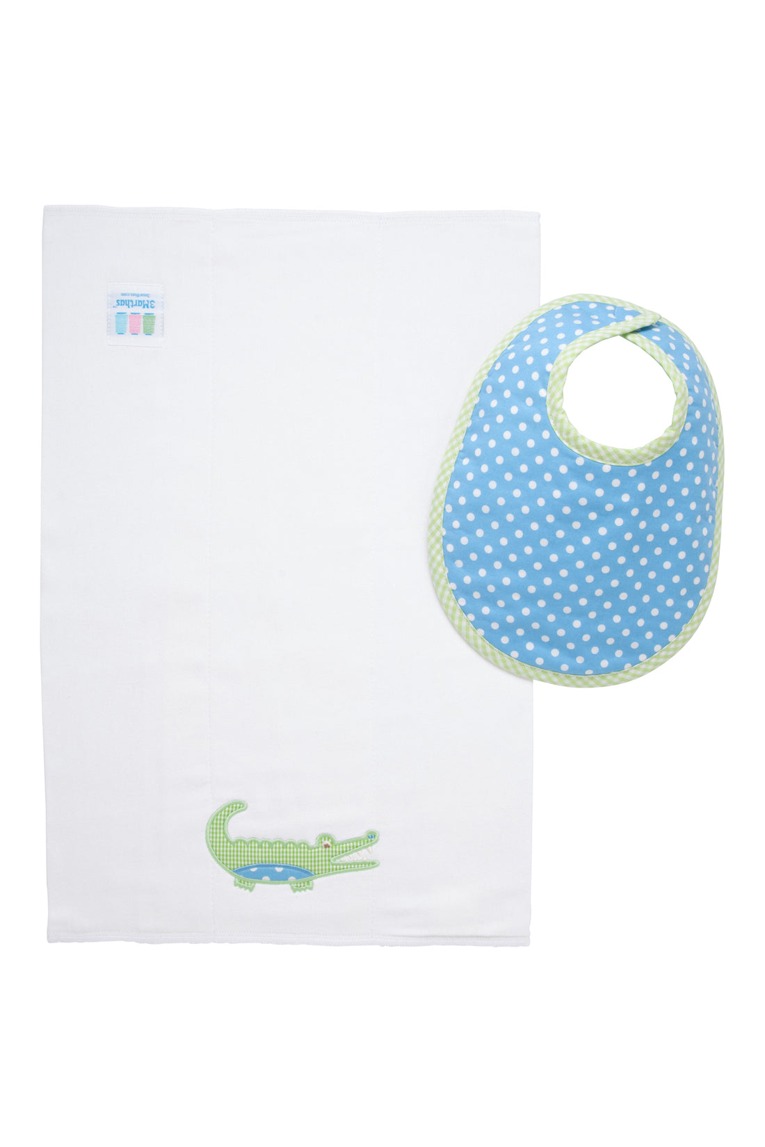 Cotton bib for baby with blue dot and green gingham check and burp with alligator applique, 3 Marthas