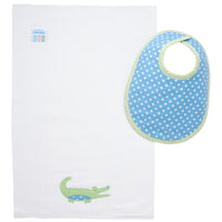 Cotton bib for baby with blue dot and green gingham check and burp with alligator applique, 3 Marthas