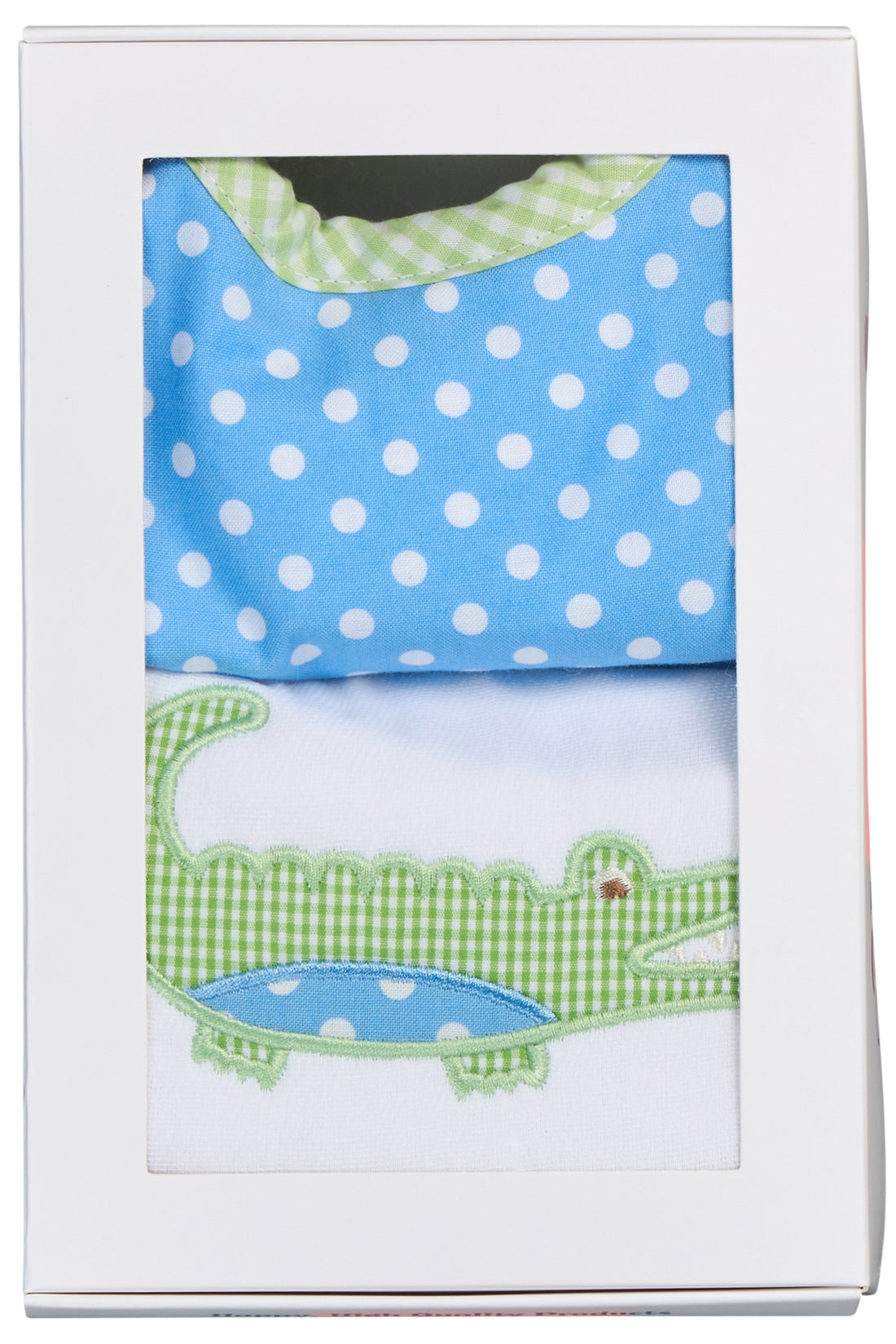 Cotton bib for baby with blue dot and green gingham check and burp with alligator applique, 3 Marthas