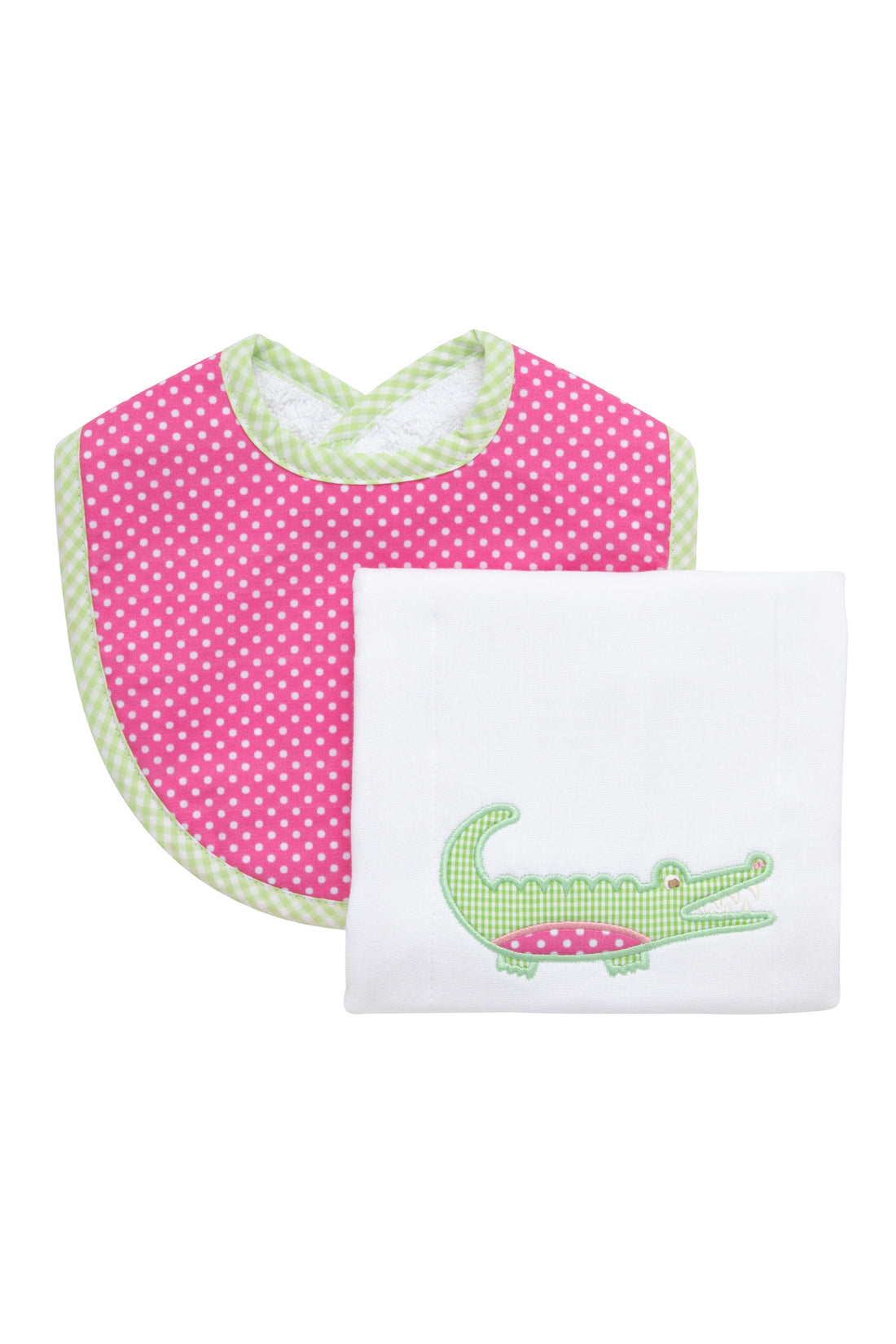 Cotton bib for baby with pink dot and green gingham check and burp with alligator applique, 3 Marthas