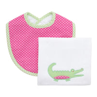 Cotton bib for baby with pink dot and green gingham check and burp with alligator applique, 3 Marthas