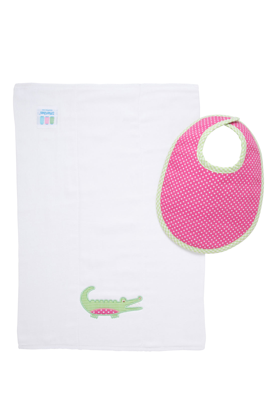 Cotton bib for baby with pink dot and green gingham check and burp with alligator applique, 3 Marthas