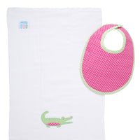 Cotton bib for baby with pink dot and green gingham check and burp with alligator applique, 3 Marthas