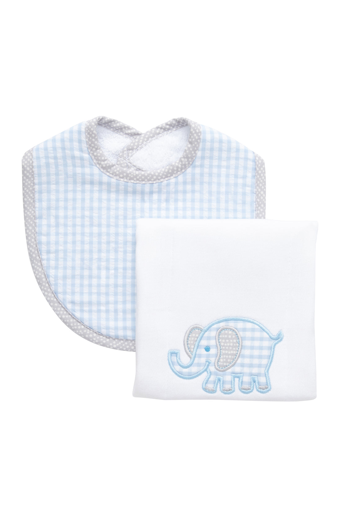 Cotton bib for baby with blue gingham check fabric and gray dot trim and burp cloth with elephant applique, 3 Marthas