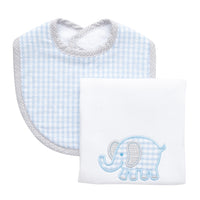 Cotton bib for baby with blue gingham check fabric and gray dot trim and burp cloth with elephant applique, 3 Marthas