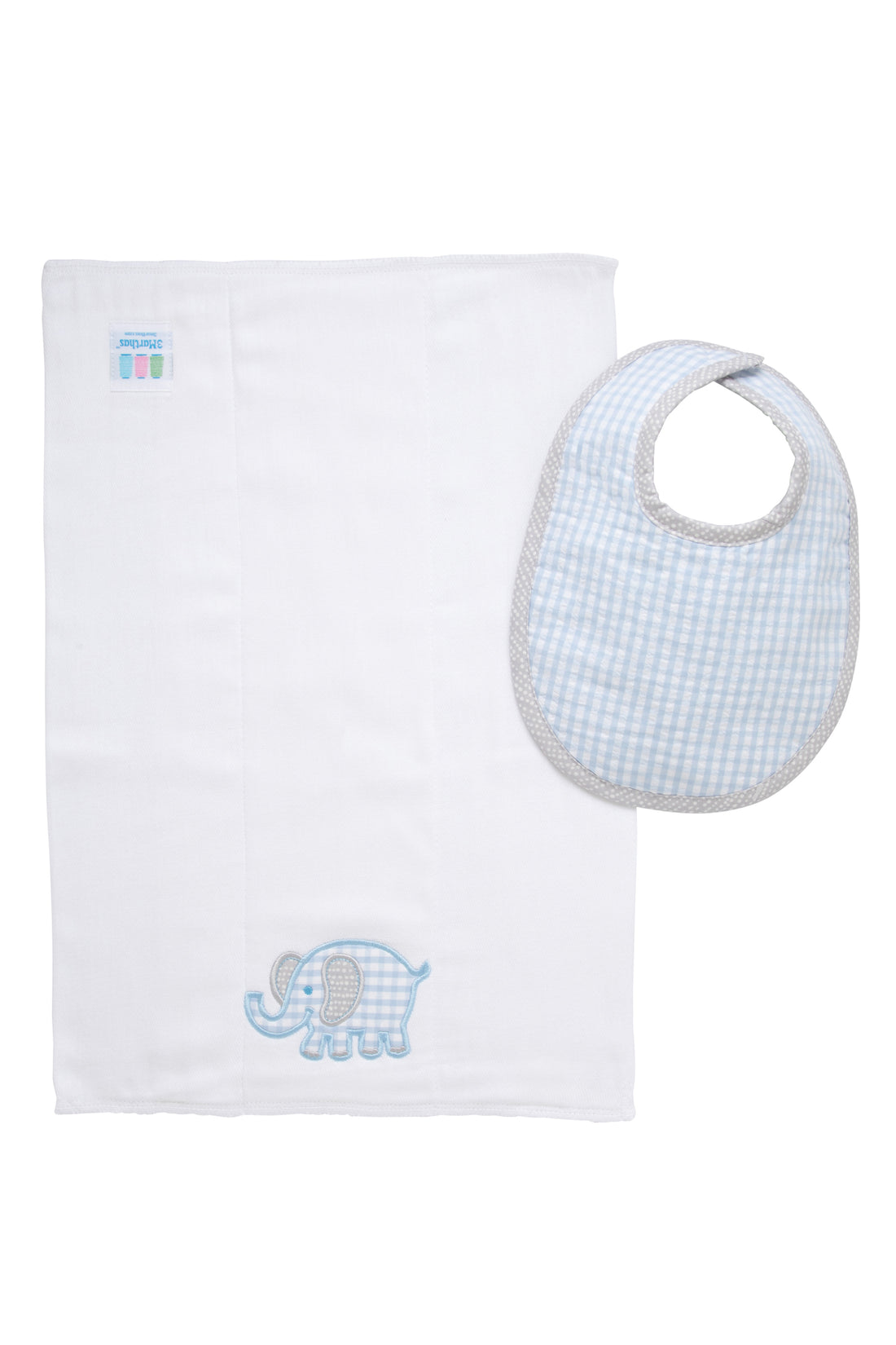 Cotton bib for baby with blue gingham check fabric and gray dot trim and burp cloth with elephant applique, 3 Marthas