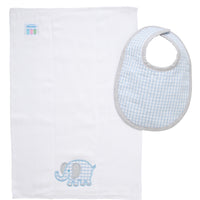 Cotton bib for baby with blue gingham check fabric and gray dot trim and burp cloth with elephant applique, 3 Marthas