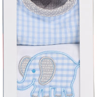 Cotton bib for baby with blue gingham check fabric and gray dot trim and burp cloth with elephant applique, 3 Marthas