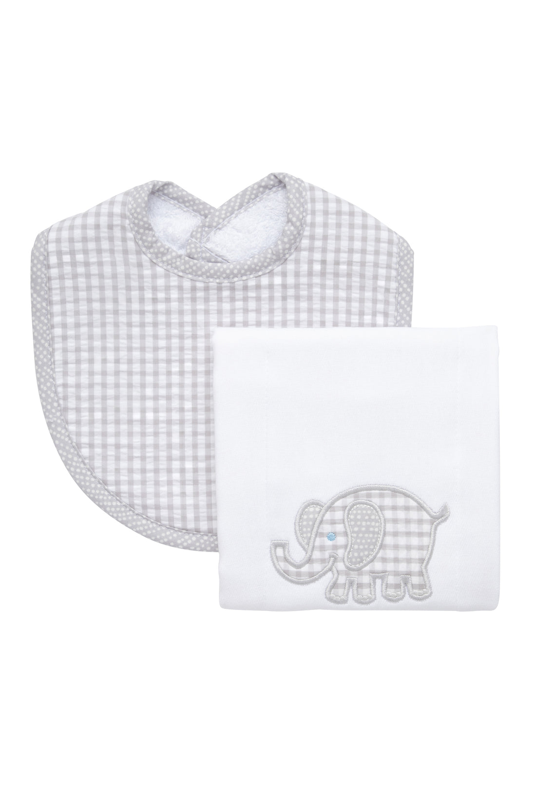 Cotton bib for baby with gray gingham check fabric and dot trim and burp cloth with elephant applique, 3 Marthas