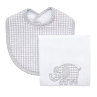 Cotton bib for baby with gray gingham check fabric and dot trim and burp cloth with elephant applique, 3 Marthas