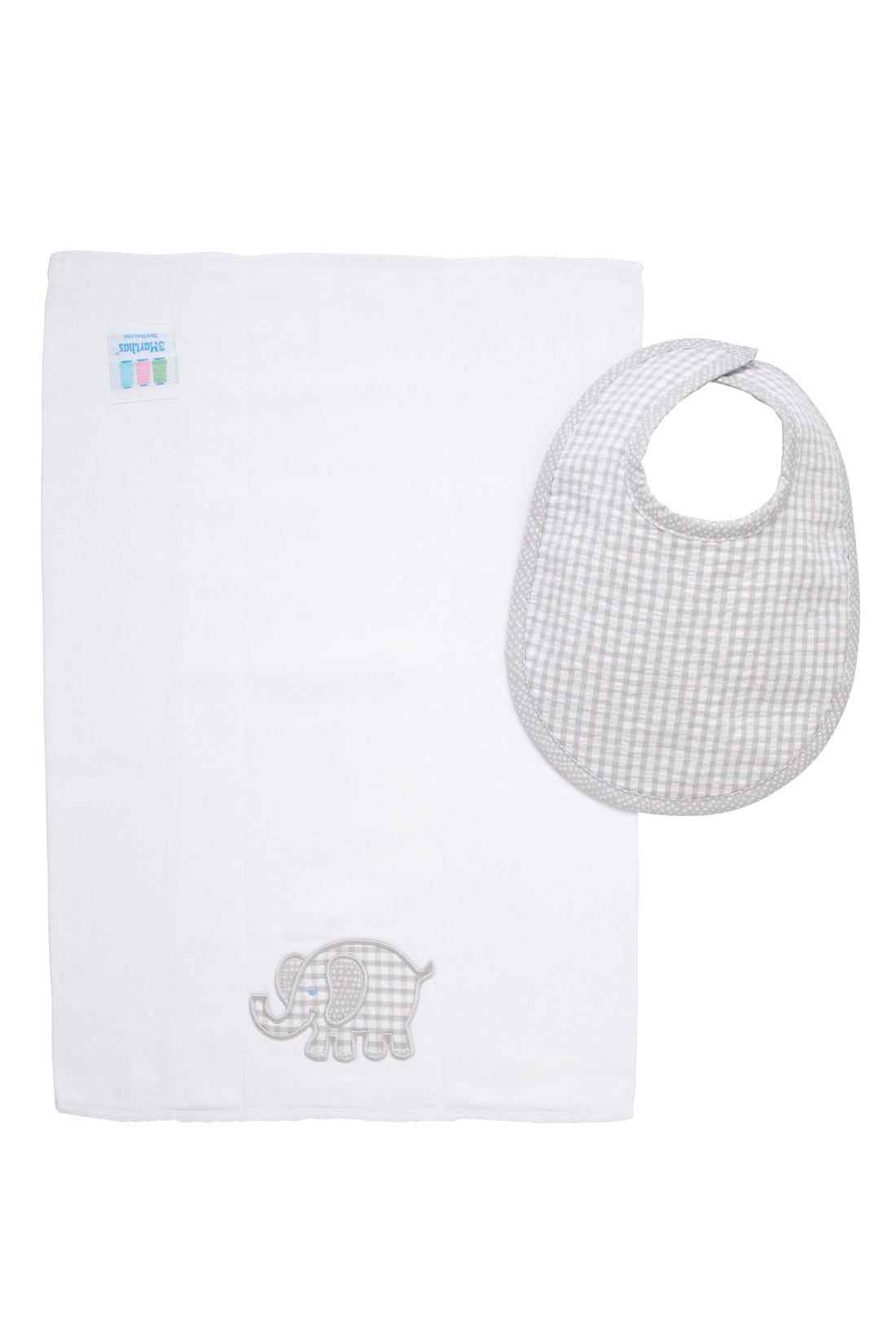 Cotton bib for baby with gray gingham check fabric and dot trim and burp cloth with elephant applique, 3 Marthas