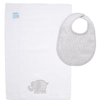 Cotton bib for baby with gray gingham check fabric and dot trim and burp cloth with elephant applique, 3 Marthas