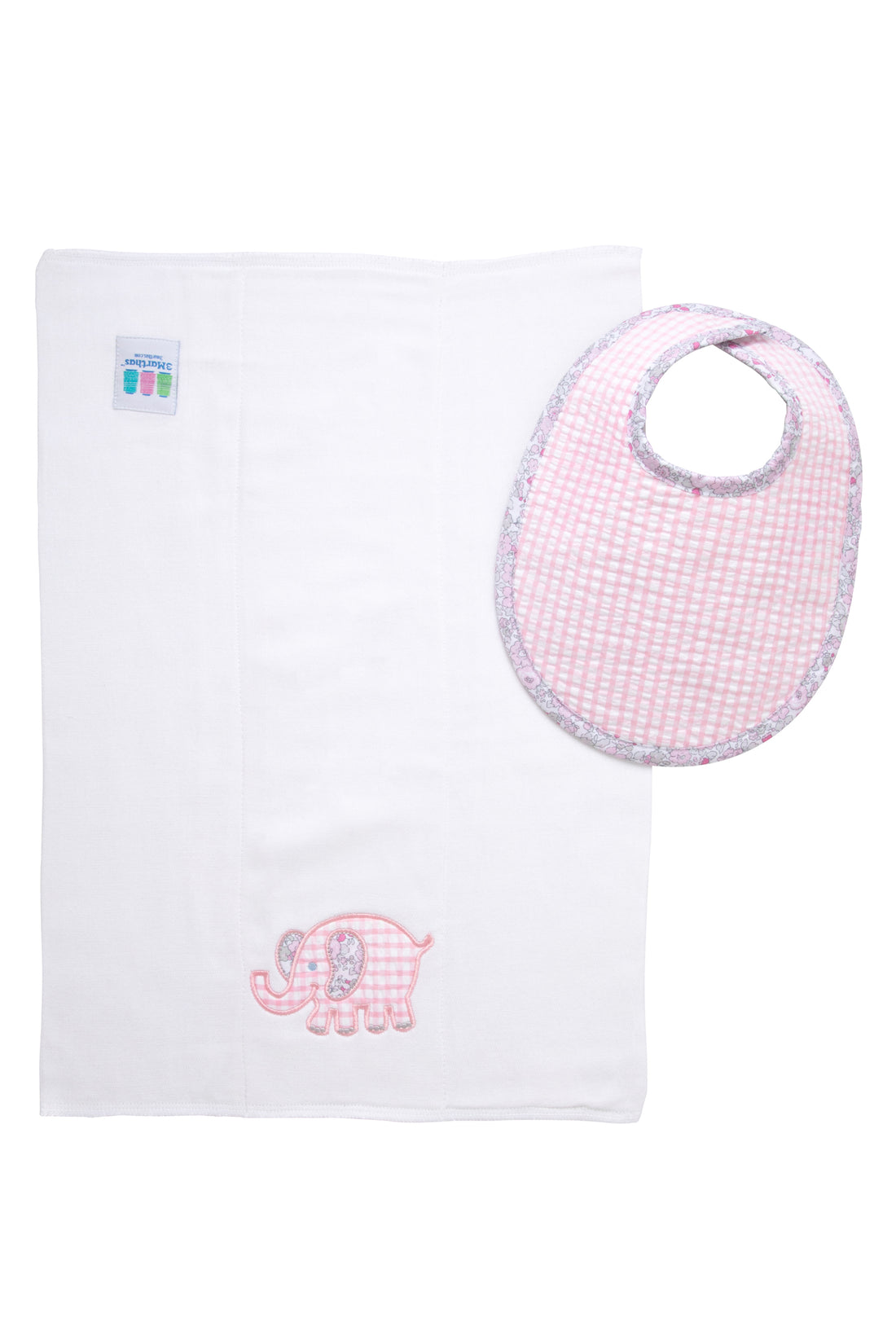 Cotton bib for baby with pink gingham check fabric and floral trim and burp cloth with elephant applique, 3 Marthas