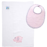 Cotton bib for baby with pink gingham check fabric and floral trim and burp cloth with elephant applique, 3 Marthas