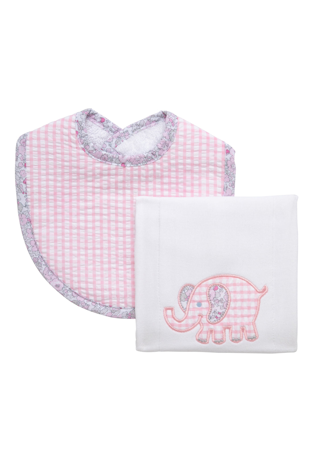 Cotton bib for baby with pink gingham check fabric and floral trim and burp cloth with elephant applique, 3 Marthas