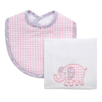 Cotton bib for baby with pink gingham check fabric and floral trim and burp cloth with elephant applique, 3 Marthas