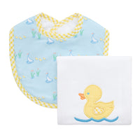 Cotton bib for baby with blue duck print fabric and yellow gingham check trim and burp cloth with duck applique, 3 Marthas