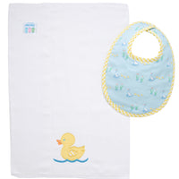 Cotton bib for baby with blue duck print fabric and yellow gingham check trim and burp cloth with duck applique, 3 Marthas