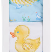 Cotton bib for baby with blue duck print fabric and yellow gingham check trim and burp cloth with duck applique, 3 Marthas