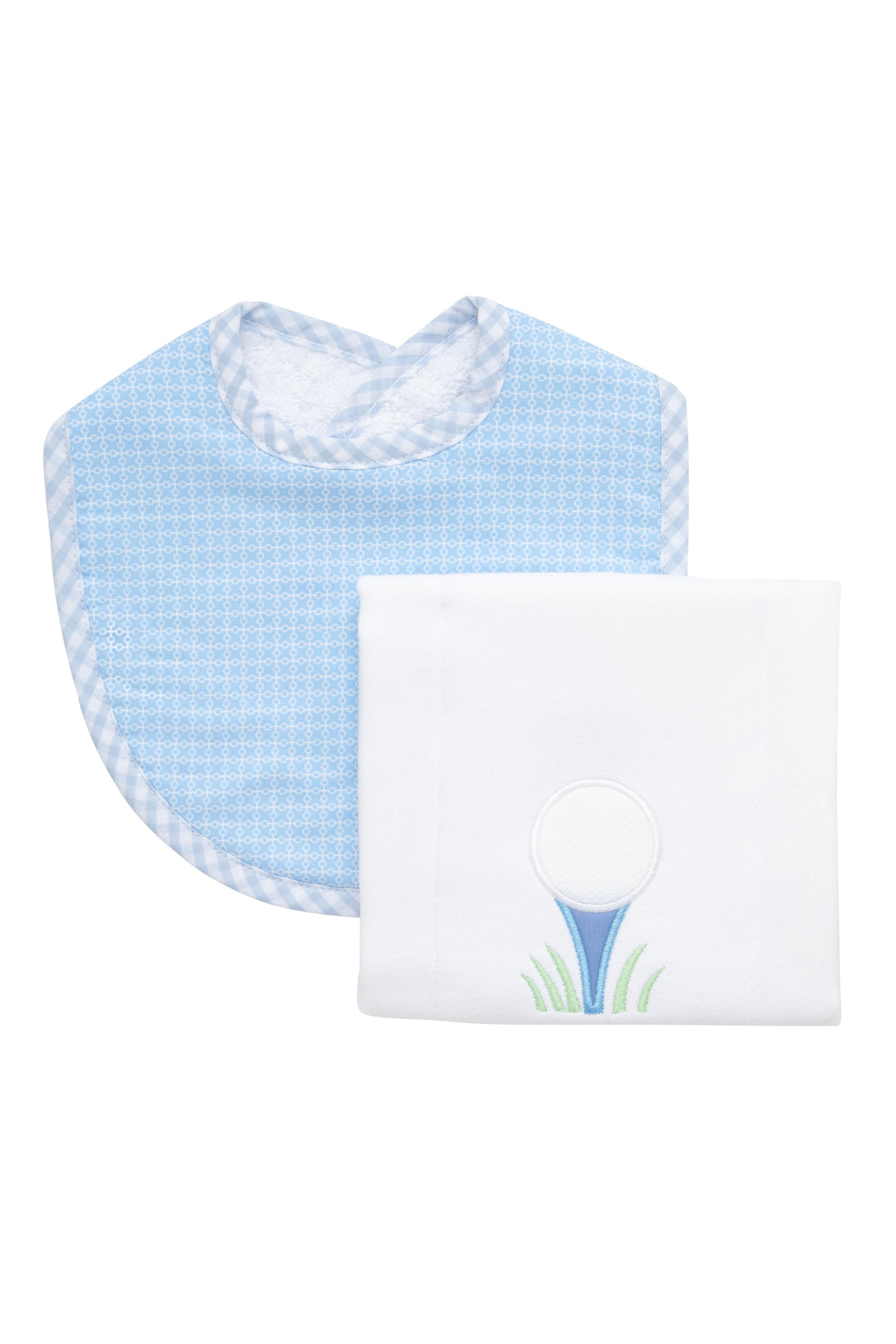 Cotton bib for baby boy with blue grid dot fabric and gingham check trim and burp cloth with golf ball on blue tee applique, 3 Marthas