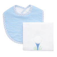 Cotton bib for baby boy with blue grid dot fabric and gingham check trim and burp cloth with golf ball on blue tee applique, 3 Marthas