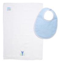 Cotton bib for baby boy with blue grid dot fabric and gingham check trim and burp cloth with golf ball on blue tee applique, 3 Marthas