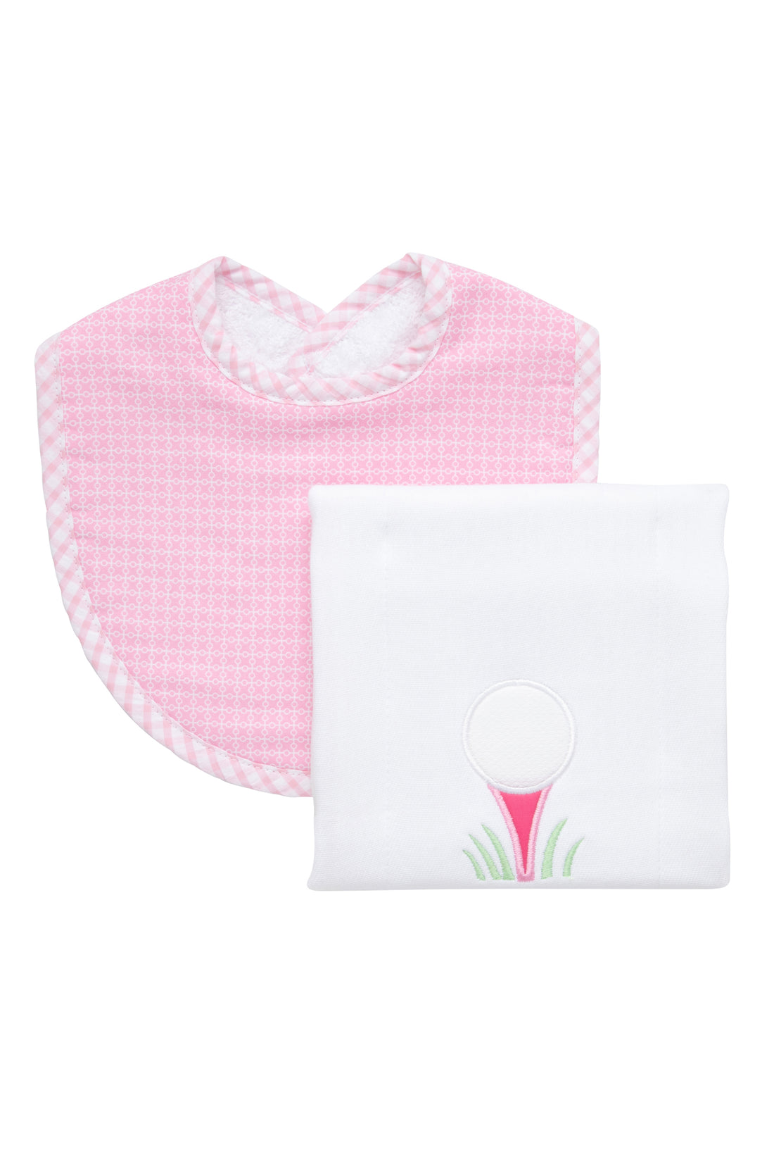 Cotton bib for baby girl with pink grid dot fabric and gingham check trim and burp cloth with golf ball on pink tee applique, 3 Marthas