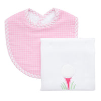 Cotton bib for baby girl with pink grid dot fabric and gingham check trim and burp cloth with golf ball on pink tee applique, 3 Marthas