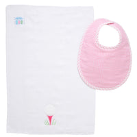 Cotton bib for baby girl with pink grid dot fabric and gingham check trim and burp cloth with golf ball on pink tee applique, 3 Marthas