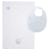 Cotton bib for baby boy with blue seersucker stripe fabric and burp cloth with blue lamb applique, 3 Marthas