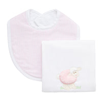 Cotton bib for baby girl with pink seersucker stripe fabric and burp cloth with pink lamb applique, 3 Marthas