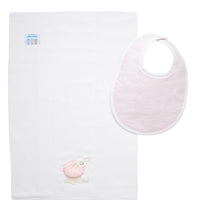 Cotton bib for baby girl with pink seersucker stripe fabric and burp cloth with pink lamb applique, 3 Marthas