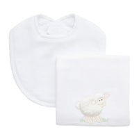 Cotton bib for baby with white seersucker stripe fabric and burp cloth with white lamb applique, 3 Marthas