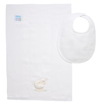 Cotton bib for baby with white seersucker stripe fabric and burp cloth with white lamb applique, 3 Marthas