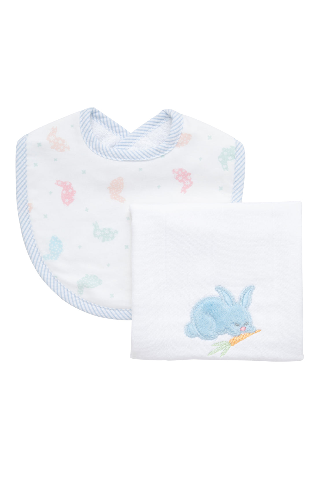 Cotton bib for baby with multi pastel bunny fabric and blue seersucker stripe trim and burp with bunny applique, 3 Marthas