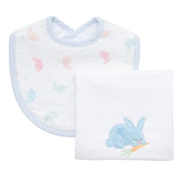 Cotton bib for baby with multi pastel bunny fabric and blue seersucker stripe trim and burp with bunny applique, 3 Marthas
