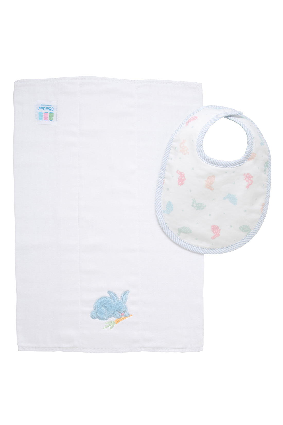 Cotton bib for baby with multi pastel bunny fabric and blue seersucker stripe trim and burp with bunny applique, 3 Marthas