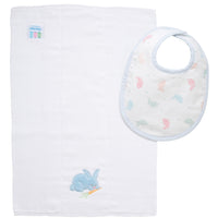 Cotton bib for baby with multi pastel bunny fabric and blue seersucker stripe trim and burp with bunny applique, 3 Marthas