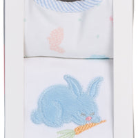 Cotton bib for baby with multi pastel bunny fabric and blue seersucker stripe trim and burp with bunny applique, 3 Marthas