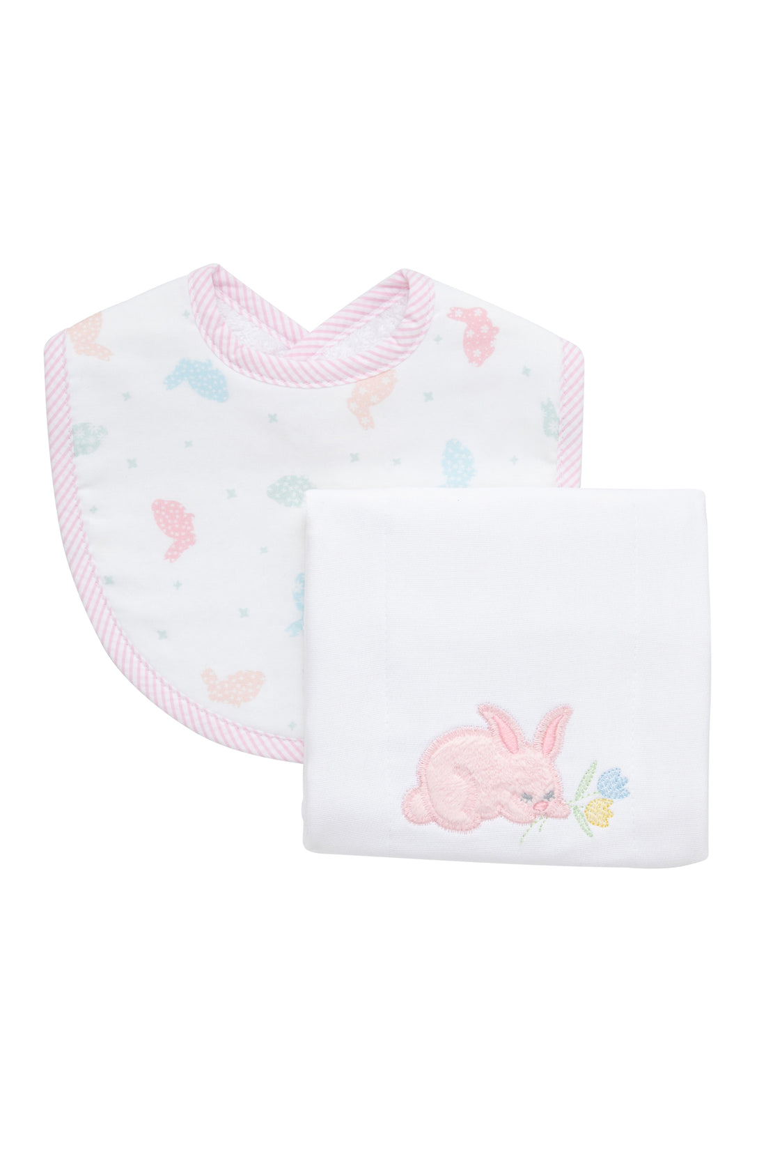 Cotton bib for baby with multi pastel bunny fabric and pink seersucker stripe trim and burp with bunny applique, 3 Marthas