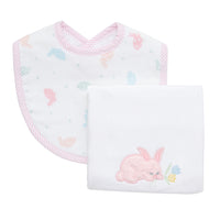 Cotton bib for baby with multi pastel bunny fabric and pink seersucker stripe trim and burp with bunny applique, 3 Marthas