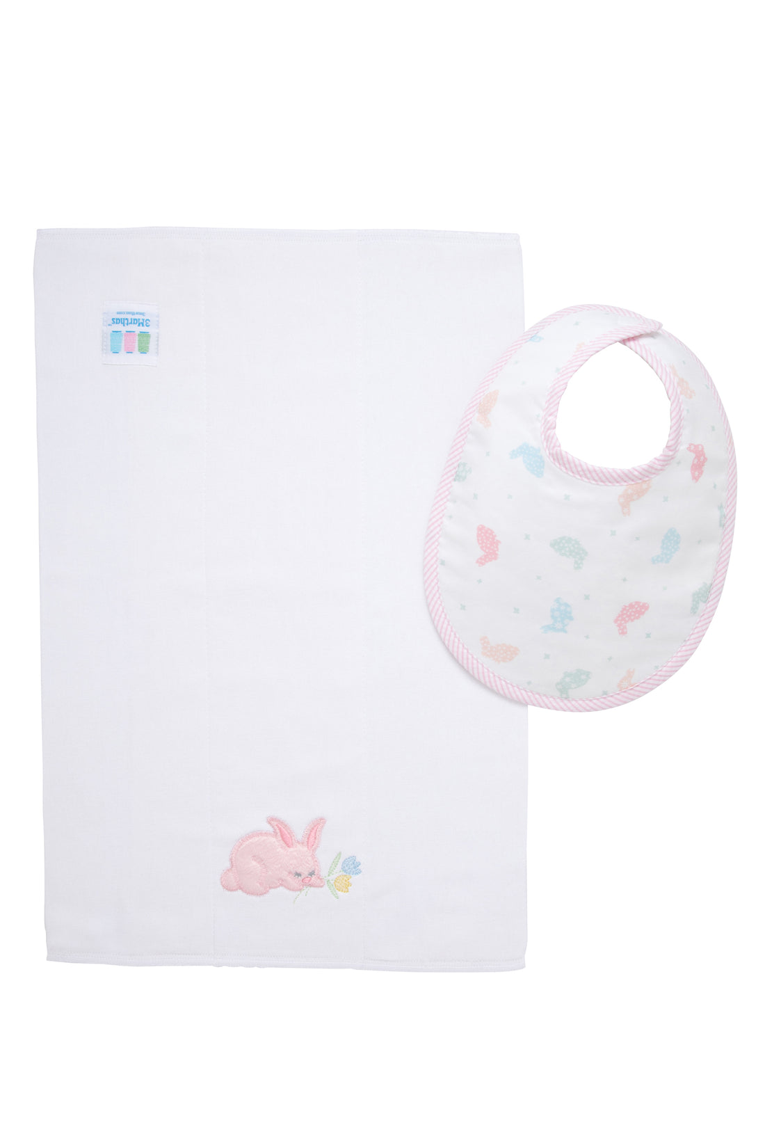 Cotton bib for baby with multi pastel bunny fabric and pink seersucker stripe trim and burp with bunny applique, 3 Marthas