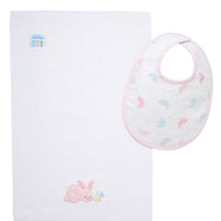 Cotton bib for baby with multi pastel bunny fabric and pink seersucker stripe trim and burp with bunny applique, 3 Marthas