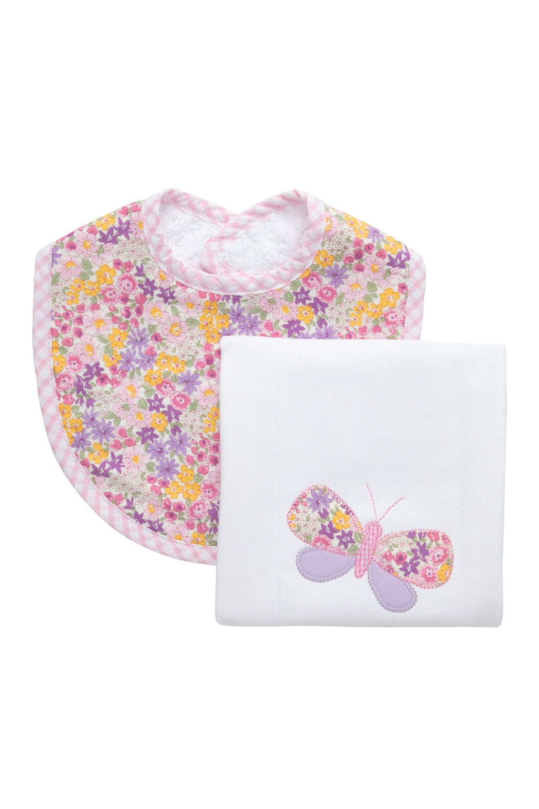 Cotton bib for baby girl with floral fabric and pink gingham check trim and burp with butterfly applique, 3 Marthas