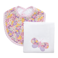 Cotton bib for baby girl with floral fabric and pink gingham check trim and burp with butterfly applique, 3 Marthas