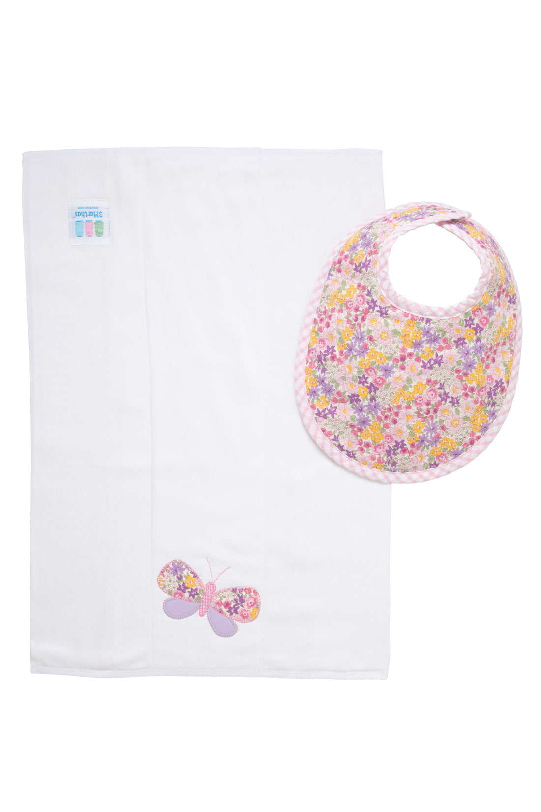 Cotton bib for baby girl with floral fabric and pink gingham check trim and burp with butterfly applique, 3 Marthas