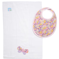 Cotton bib for baby girl with floral fabric and pink gingham check trim and burp with butterfly applique, 3 Marthas