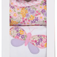 Cotton bib for baby girl with floral fabric and pink gingham check trim and burp with butterfly applique, 3 Marthas