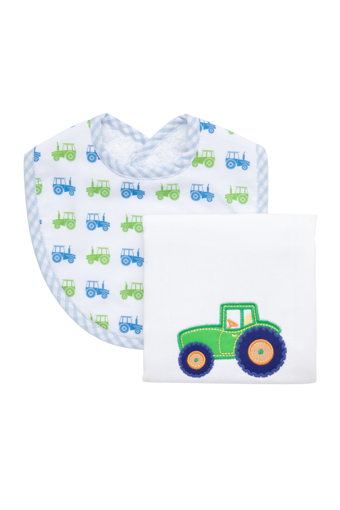 Cotton bib for baby boy with blue and green tractor print fabric and blue gingham check trim and burp cloth with tractor applique, 3 Marthas